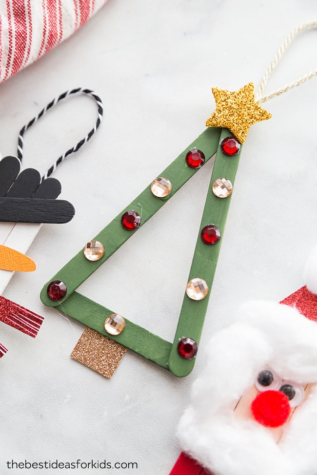 Glittering Popsicle Stick Christmas Trees made with Sticker Rhinestones