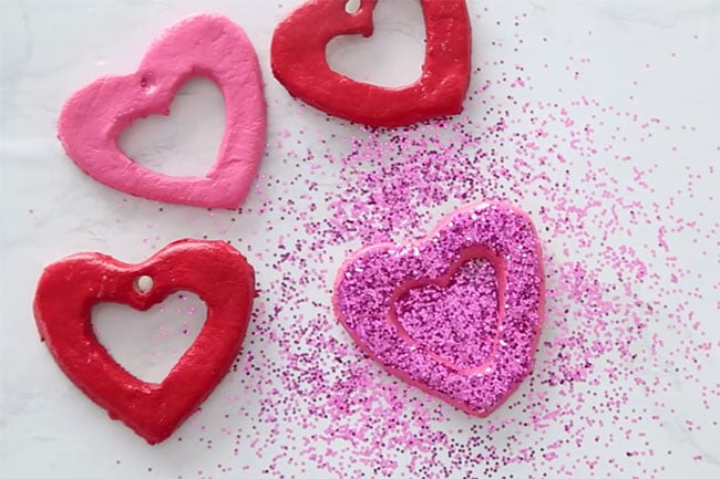 Paint and add Glitter to Salt Dough Hearts