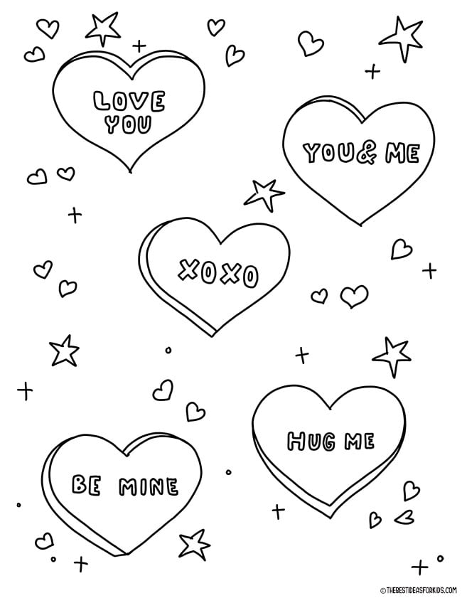 Conversation Hearts Coloring Page for Kids