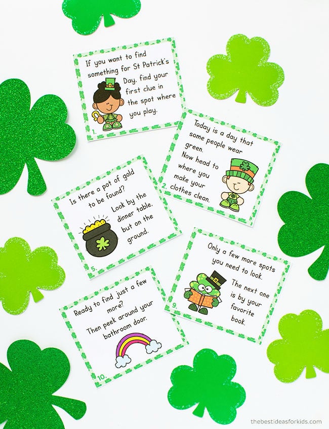 Scavenger hunt printable cards for St Patrick's Day