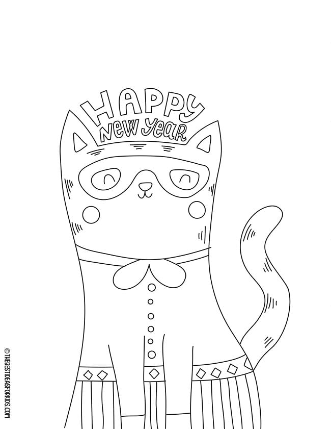 Cat New Year's Eve Coloring Page