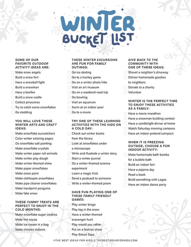 Winter Bucket List Checklist Printable