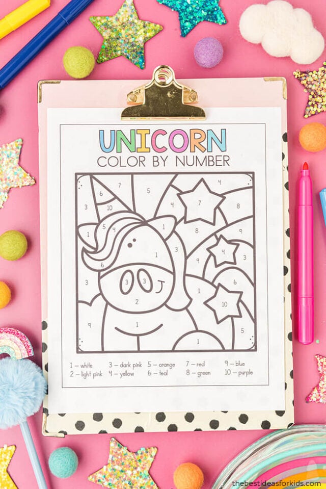 free unicorn color by number pages