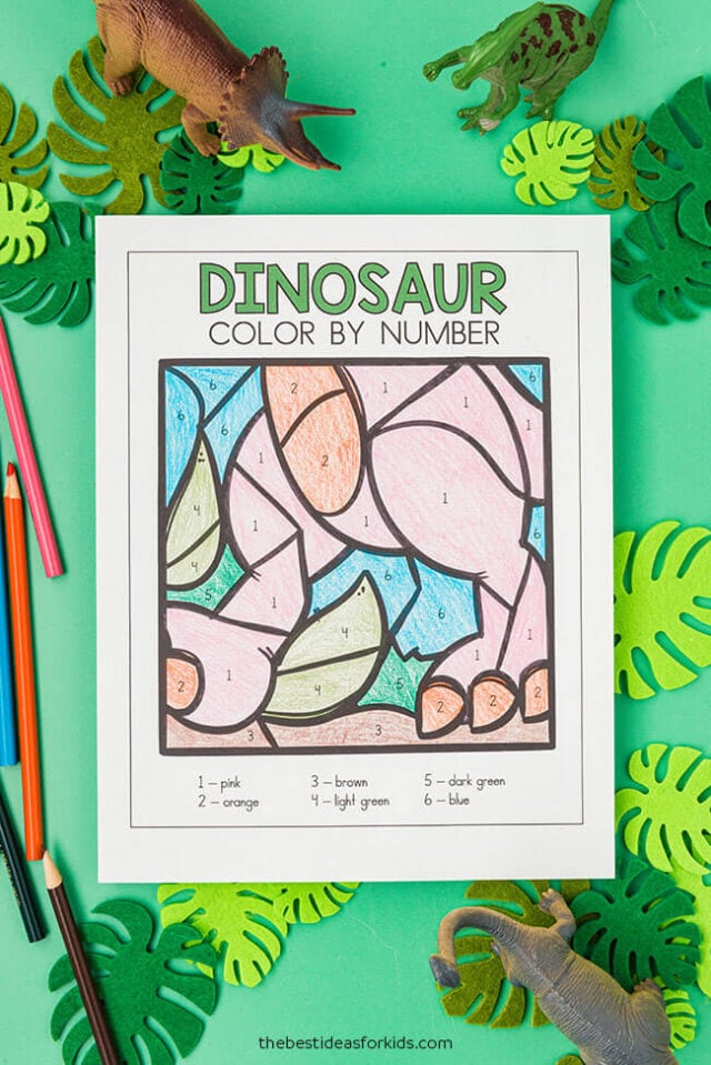 kids dinosaur color by number