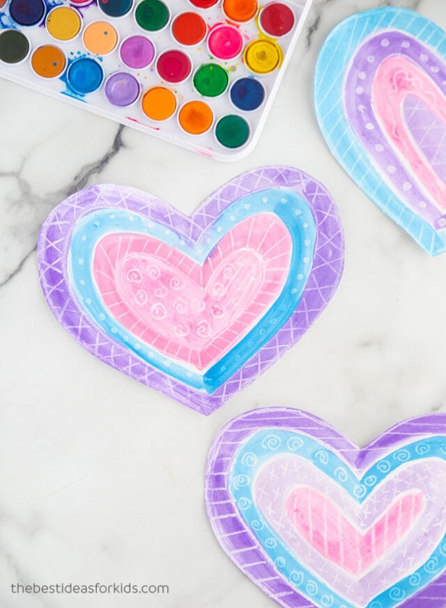 Watercolor Crayon Resist Hearts