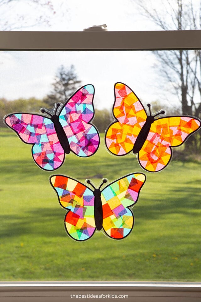 9 Pieces Spring Summer Suncatcher Kit, Butterfly Suncatchers Tissue Paper  Butterfly Suncatchers Craft with 12 Colors Large Tissue Paper for Kid Art