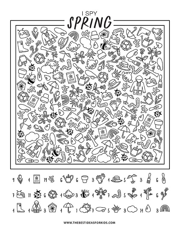 I Spy Spring Coloring Page for Kids