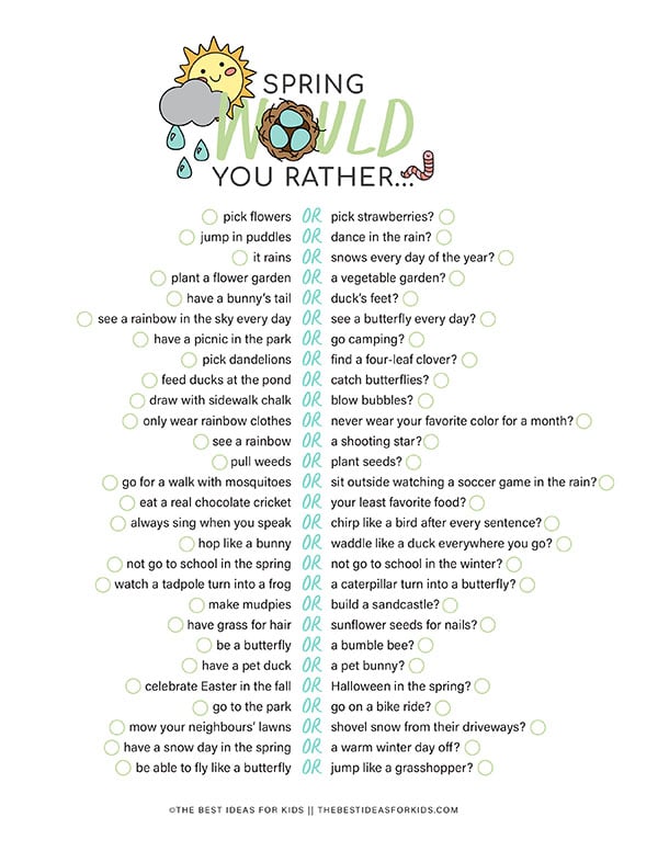 Spring Would You Rather Checklist for Kids