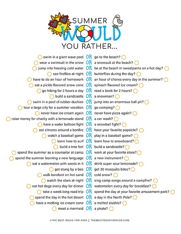 Would You Rather Summer Printable