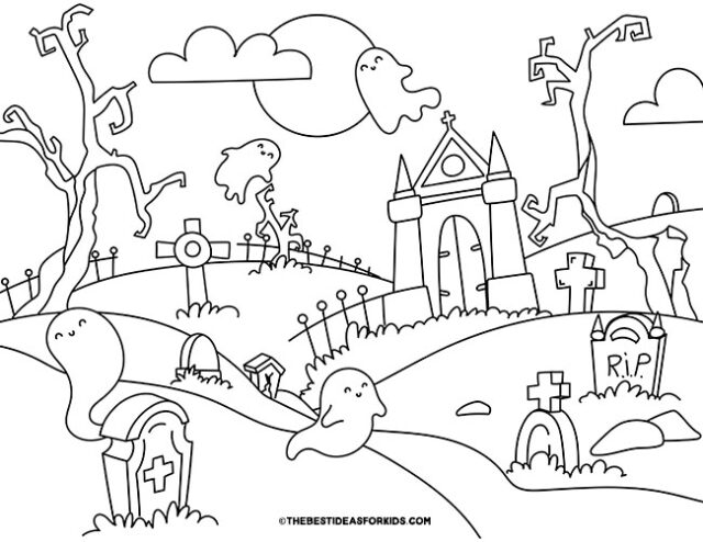Ghosts at a Graveyard Coloring Page