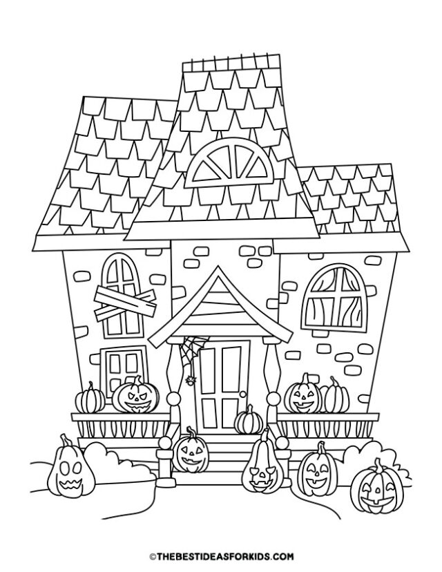Haunted House with Pumpkins Coloring Page