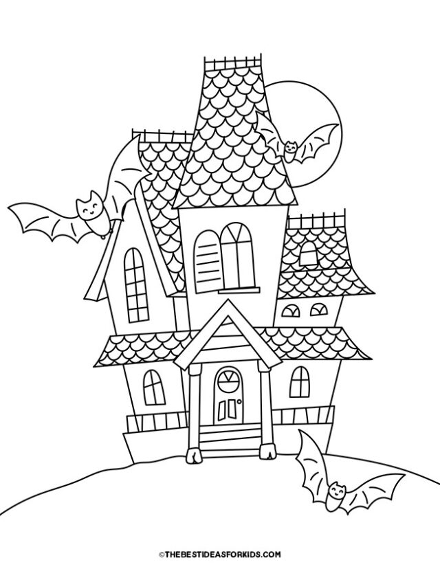 Bats and Haunted House Coloring Page