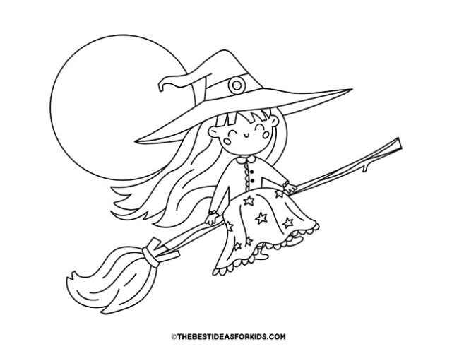 Witch Flying on Broom Coloring Page