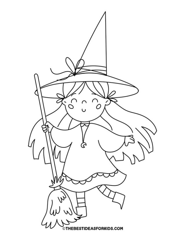 Witch and Broom Coloring Page