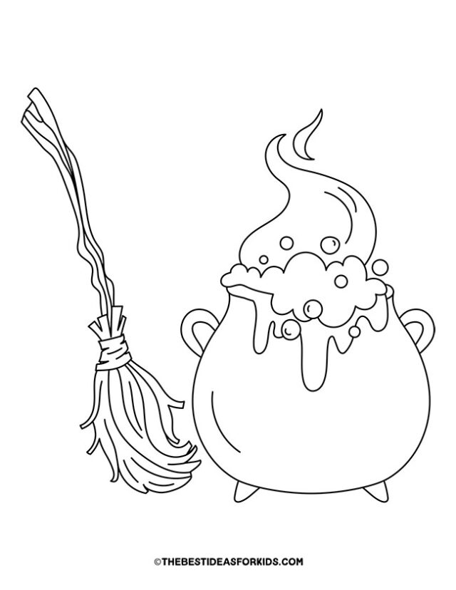 Witch's Brew and Broom Coloring Page