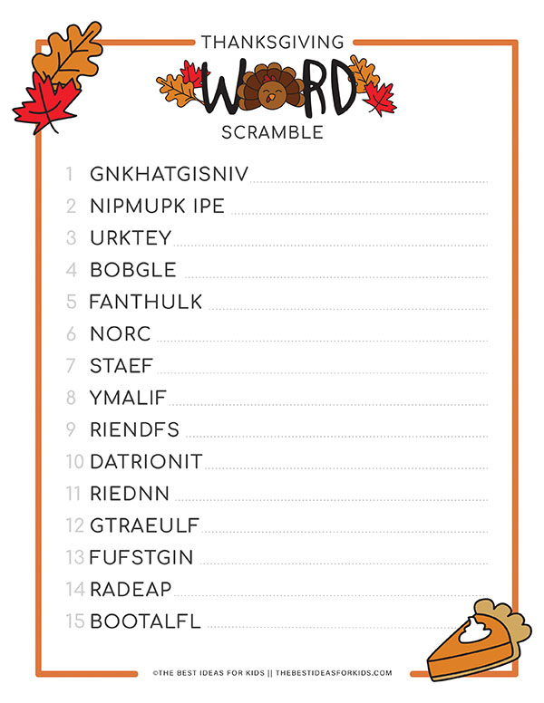 Thanksgiving Word Scramble Printable Free