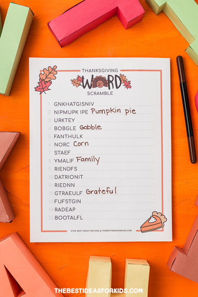 Thanksgiving Word Scramble with Answers