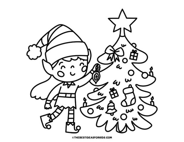 Elf Decorating Tree Coloring Page