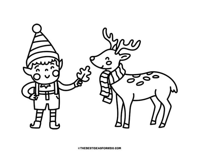 Elf With Reindeer Coloring Page