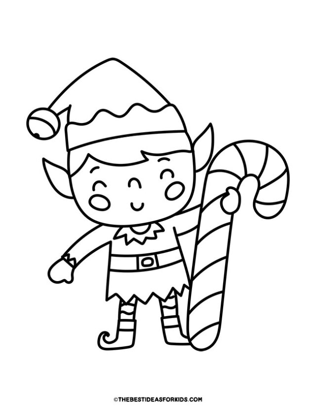 Elf With a Candy Cane Coloring Page