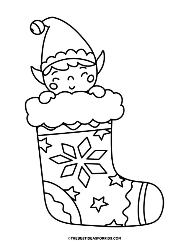 Elf in a Stocking Coloring Page