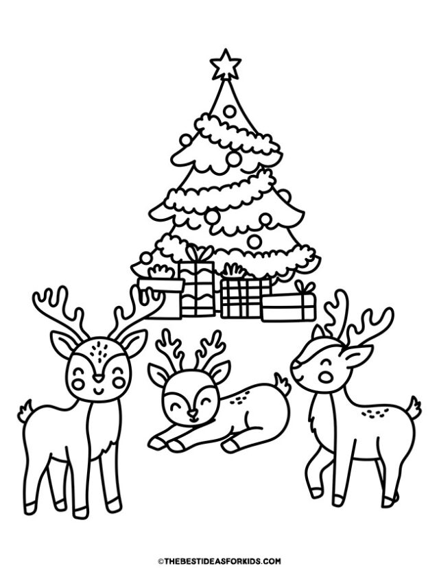 reindeer with christmas tree coloring page