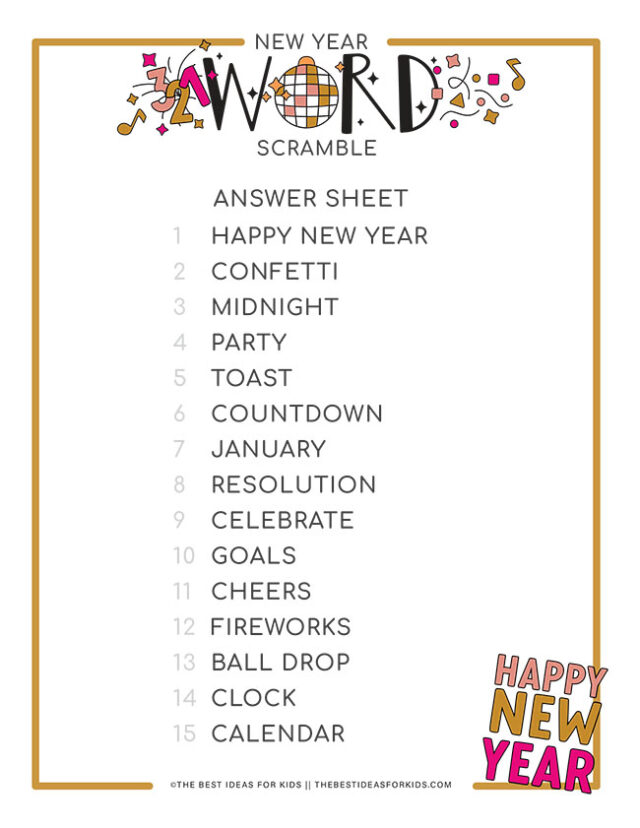 New Year's Eve Word Scramble Answers