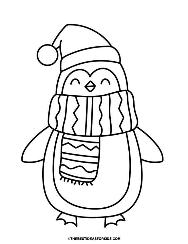 penguin wearing a scarf coloring page