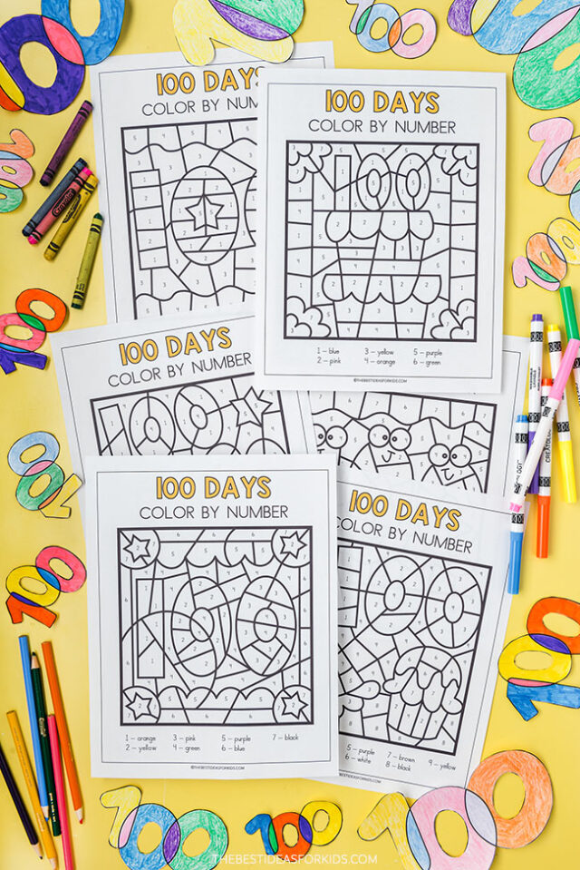 100 days of school color by number free printables