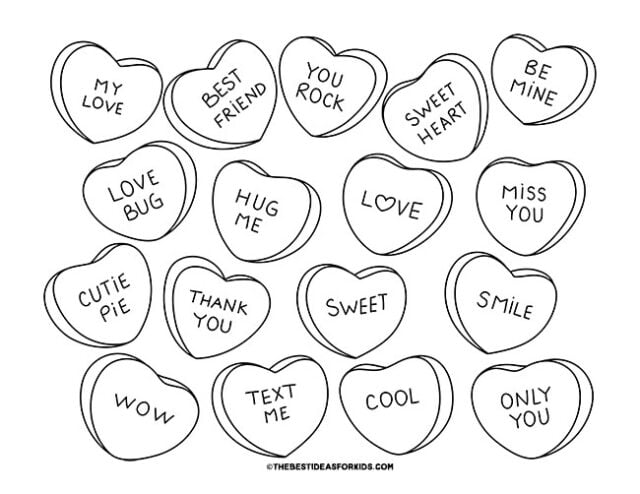 Conversation Hearts Coloring Page