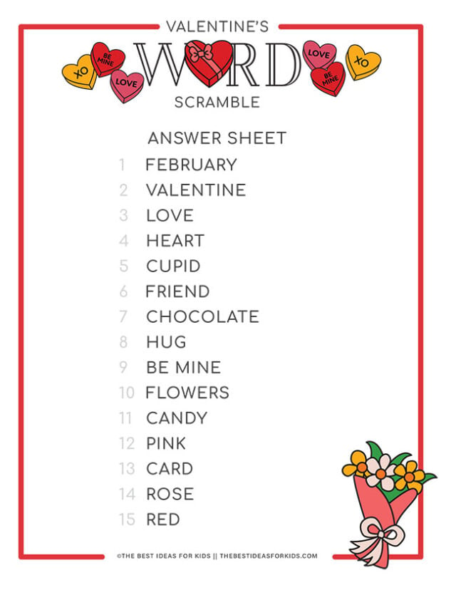Valentine Word Scramble Answers