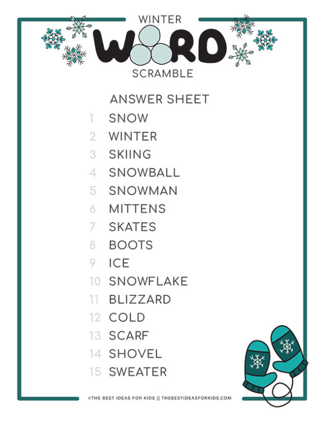 Winter Word Scramble Answer Sheet