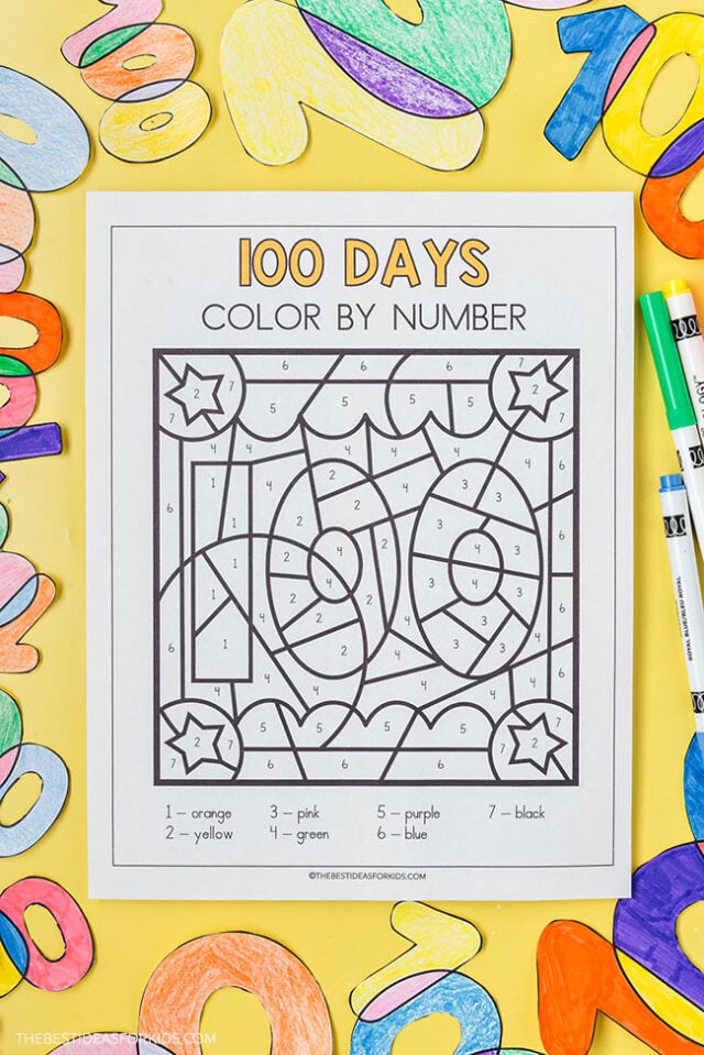 free printable 100th day of school color by number
