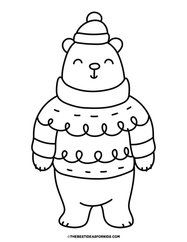 polar bear with a hat and sweater coloring page