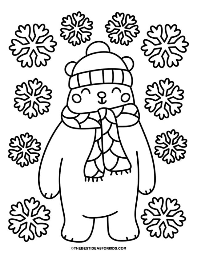 polar bear with snowflakes coloring page