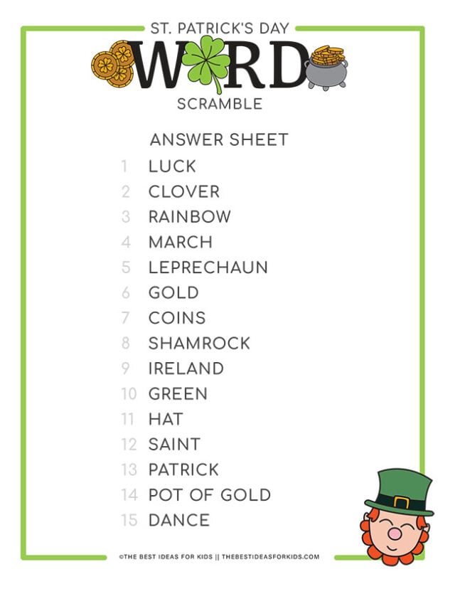 St Patrick's Day Word Scramble Answers