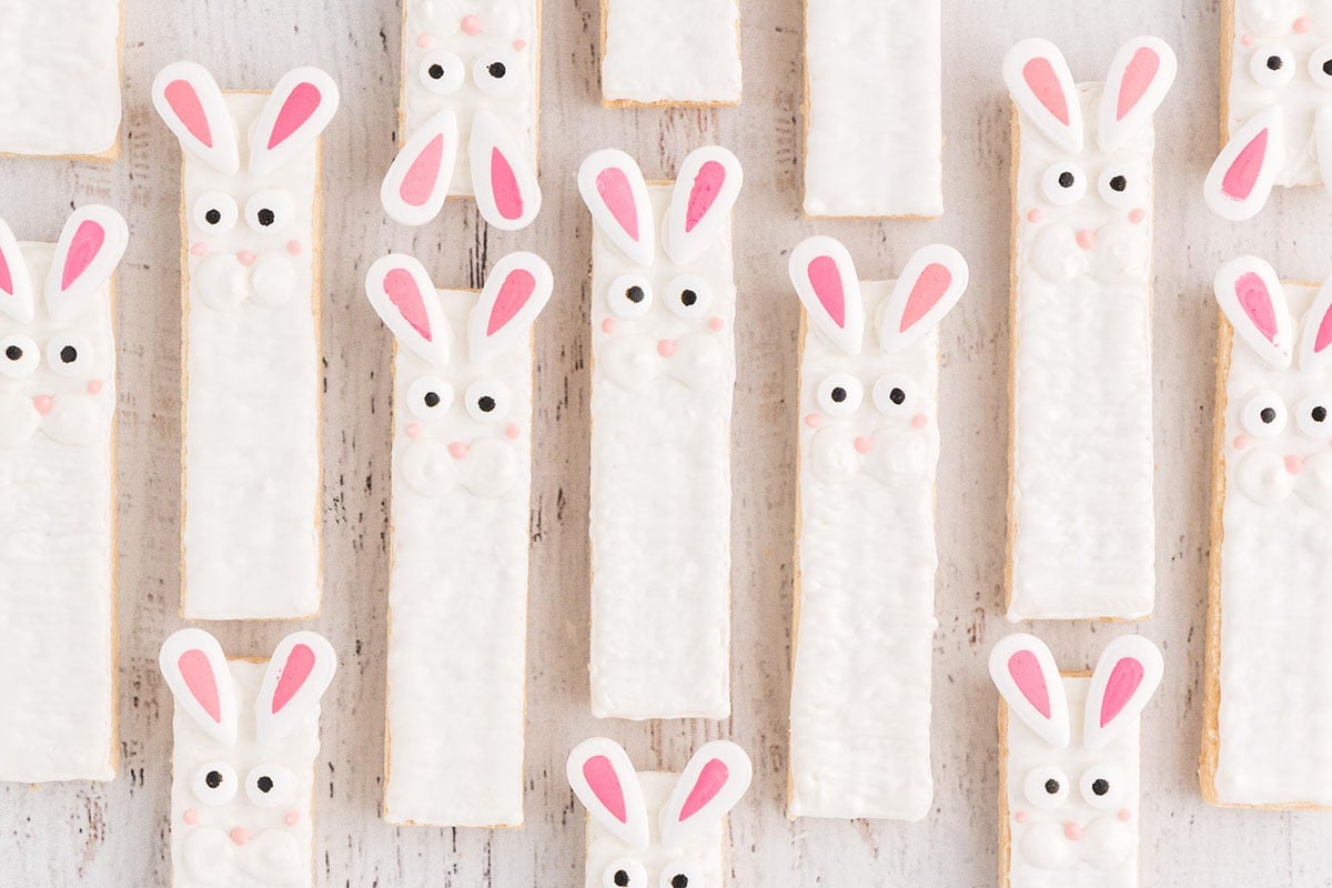 wafers covered in white chocolate with candy eyes and ears to look like a bunny