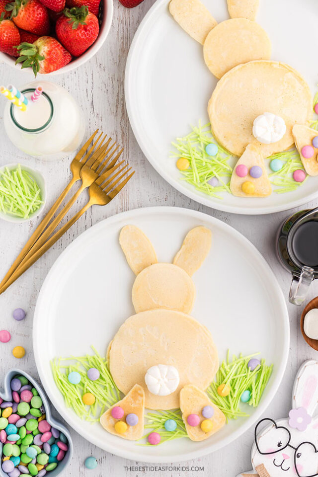 easter bunny pancakes on plates