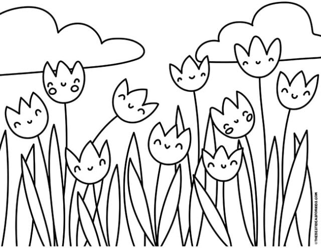 Tulips in a Field Coloring Page for Kids