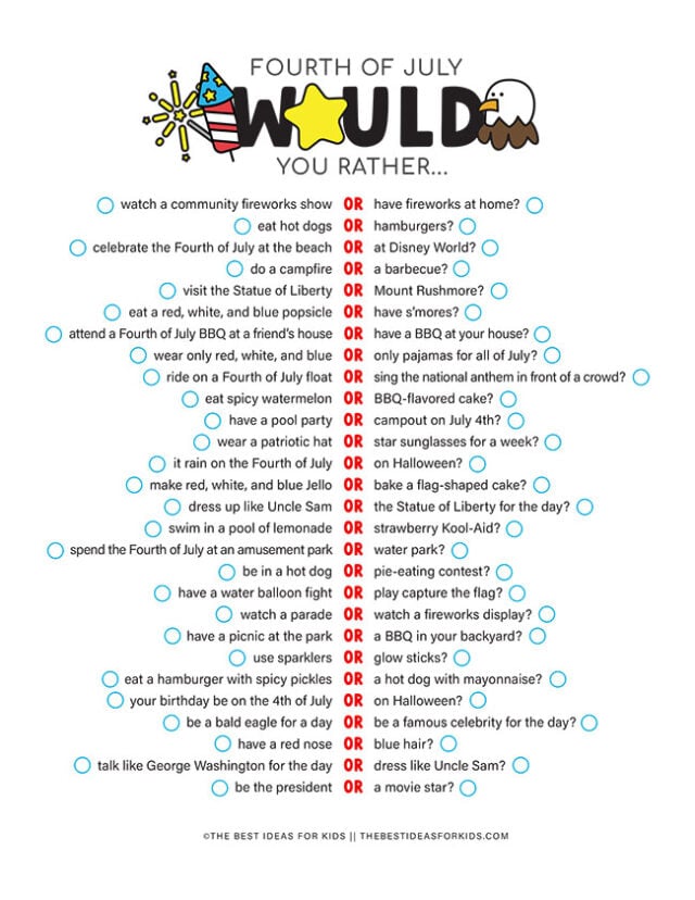 4th of July Would You Rather Checklist