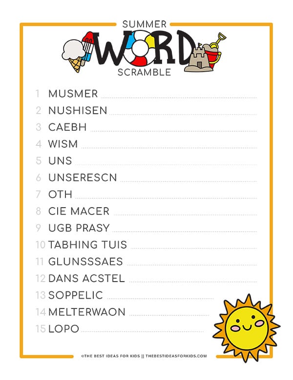 Summer Word Scramble Sheet