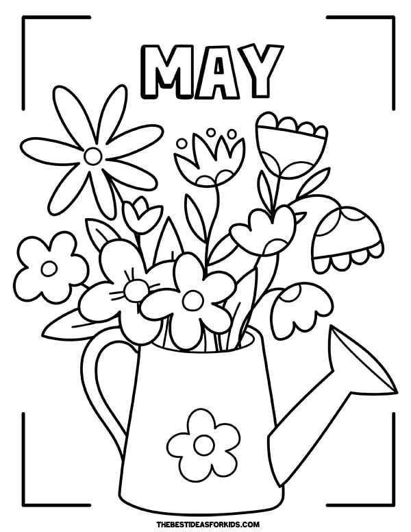 May Watering Can with Flowers Coloring Page