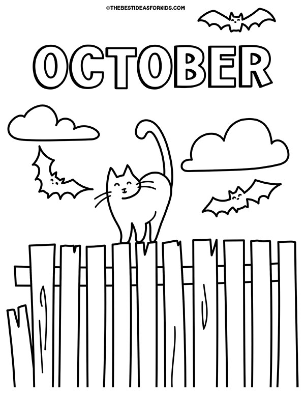 Cat and Bats October Coloring Page