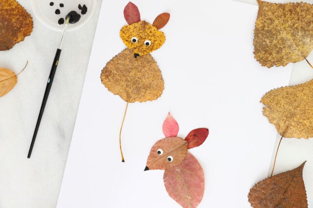 Painting eyes onto leaf art mice