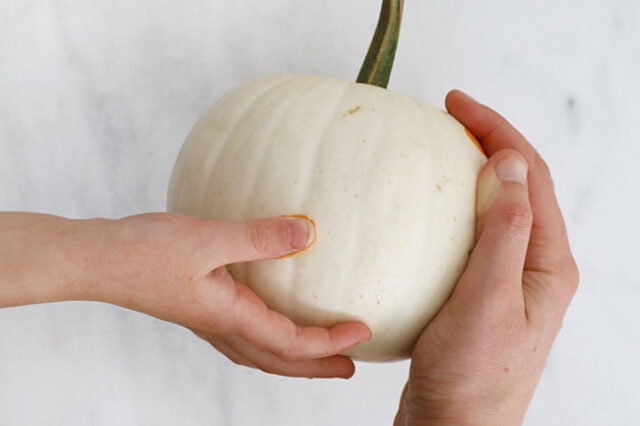 Stamping orange dots onto pumpkins