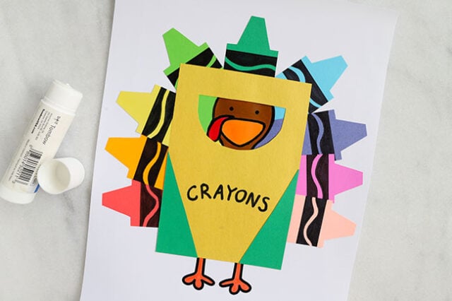 Paper pieces glued down on crayon turkey
